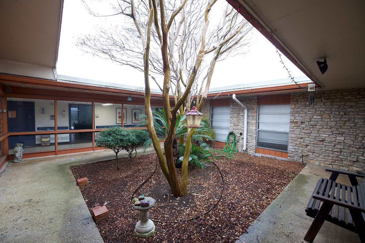 Courtyard with tree at Castle Hills Rehab & Care Center